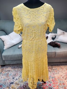 Yellow Lace Midi Dress -Elizabeth & Nichole Vintage! Made In USA XL